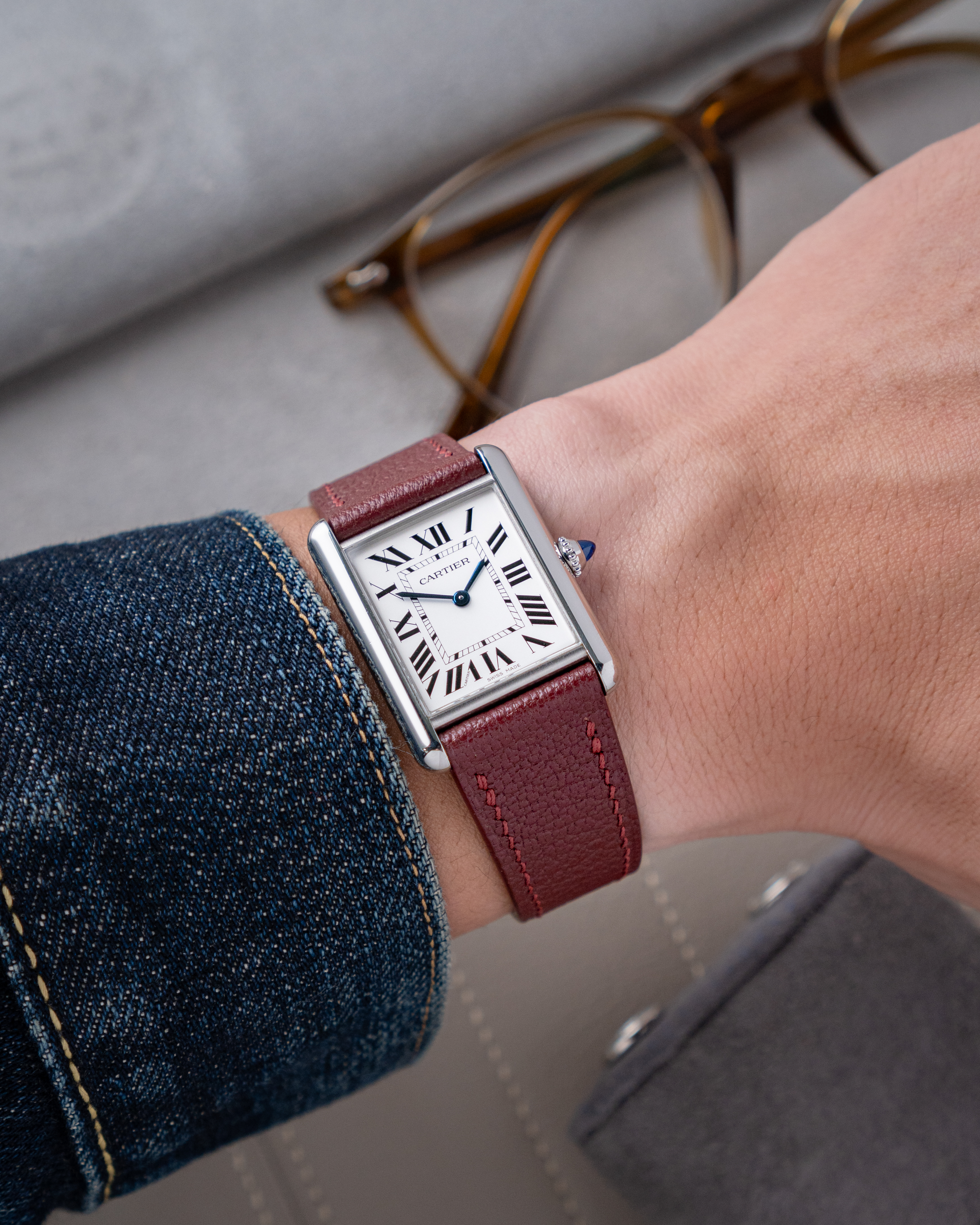 Burgundy Chevre Strap for Cartier Tank1